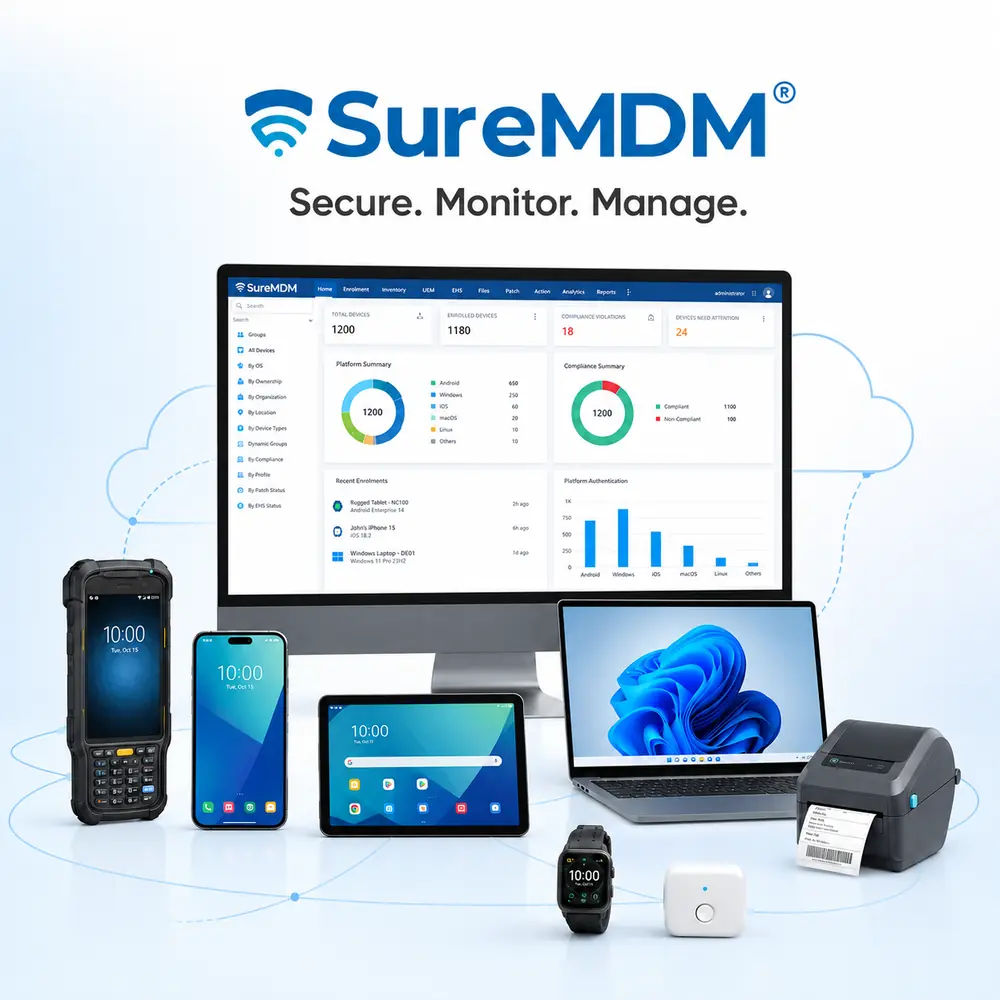 SureMDM mobile device management software managing rugged scanners, phones, tablets, laptops and printers