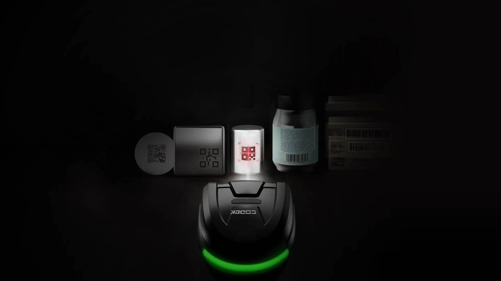 Barcode scanner with green light scanning various barcodes and QR codes on labels, bottles, and packaging.