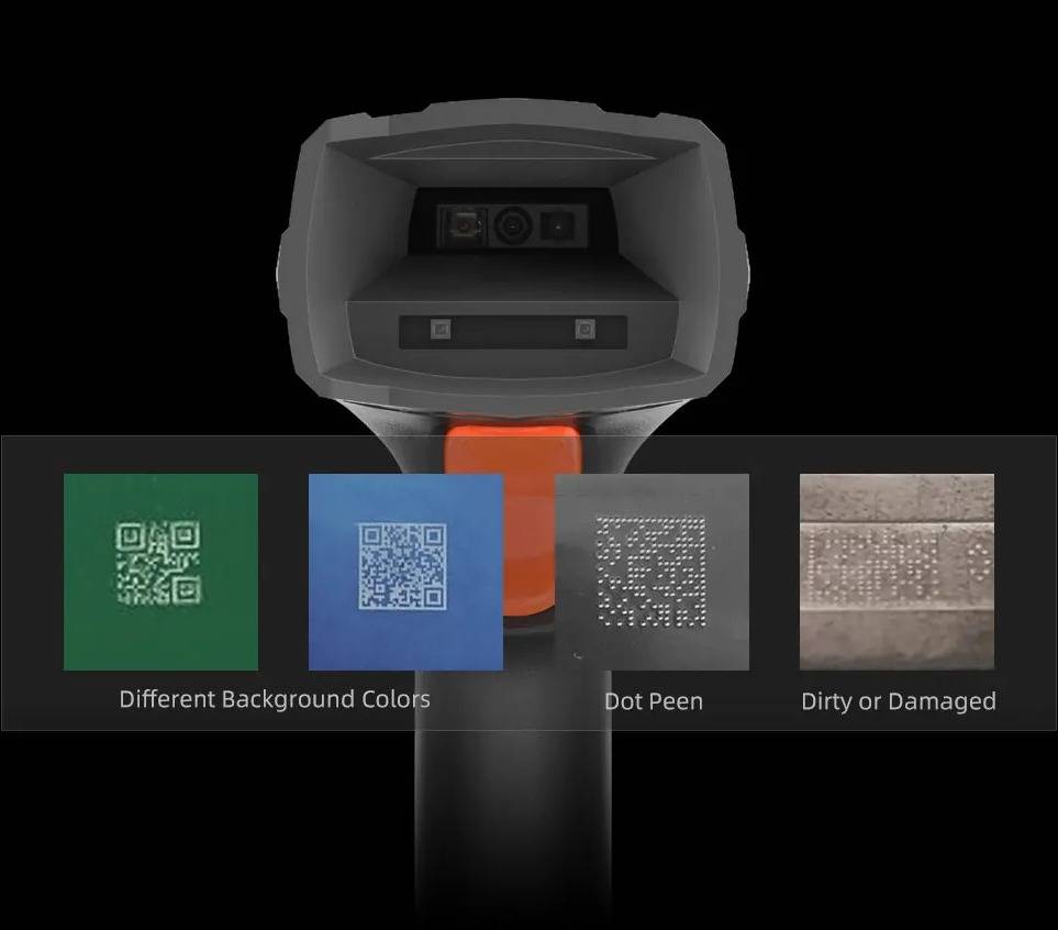 Barcode scanner with examples of readable codes on colored backgrounds, dot peen surfaces, and dirty or damaged labels.