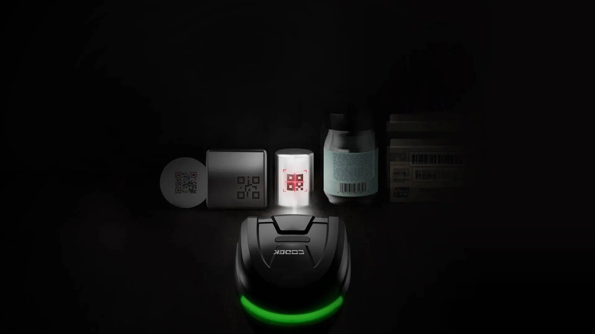 Barcode scanner with green light scanning various barcodes and QR codes on labels, bottles, and packaging.