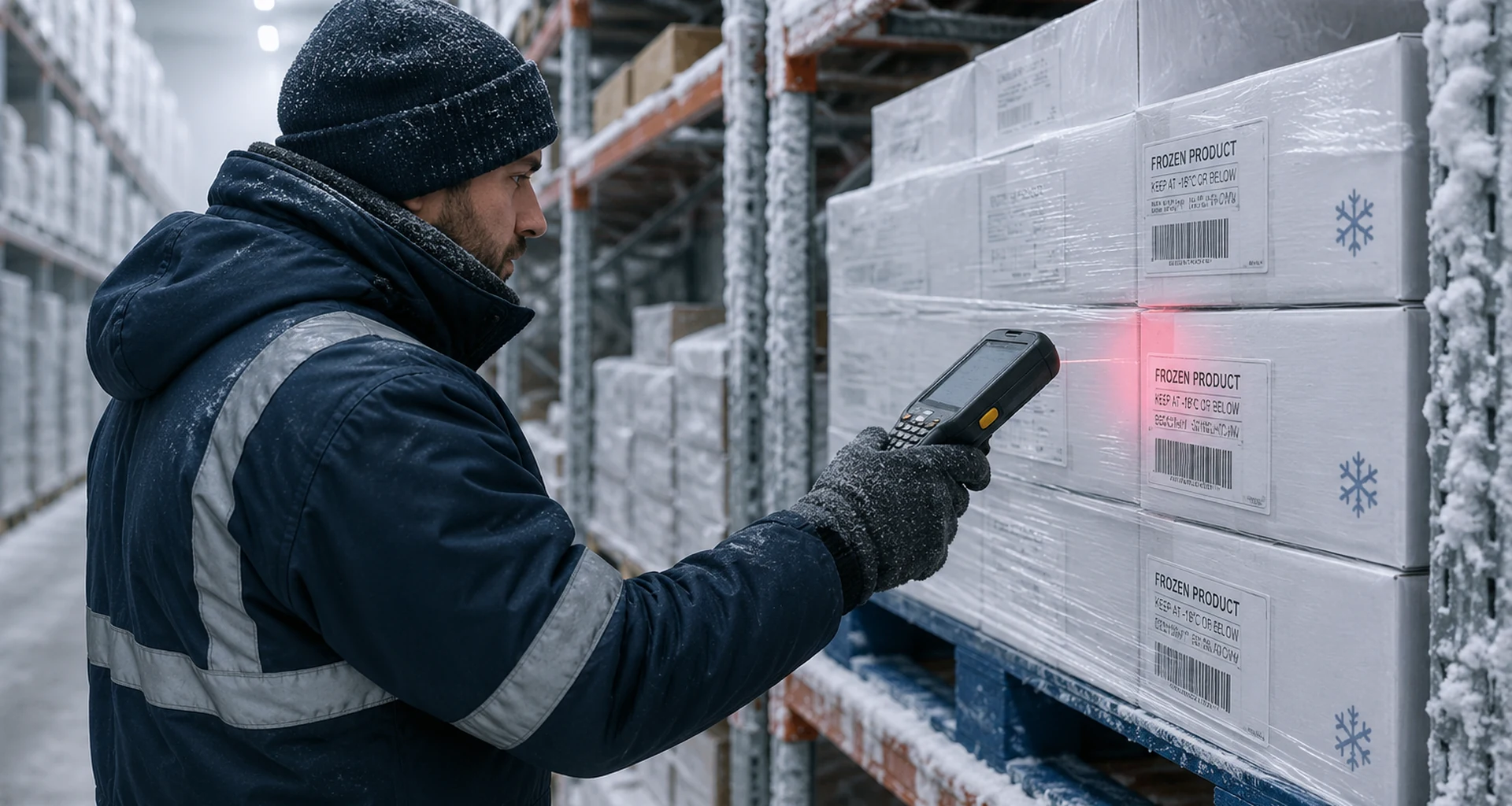Cold storage barcode scanner being used in a freezer warehouse