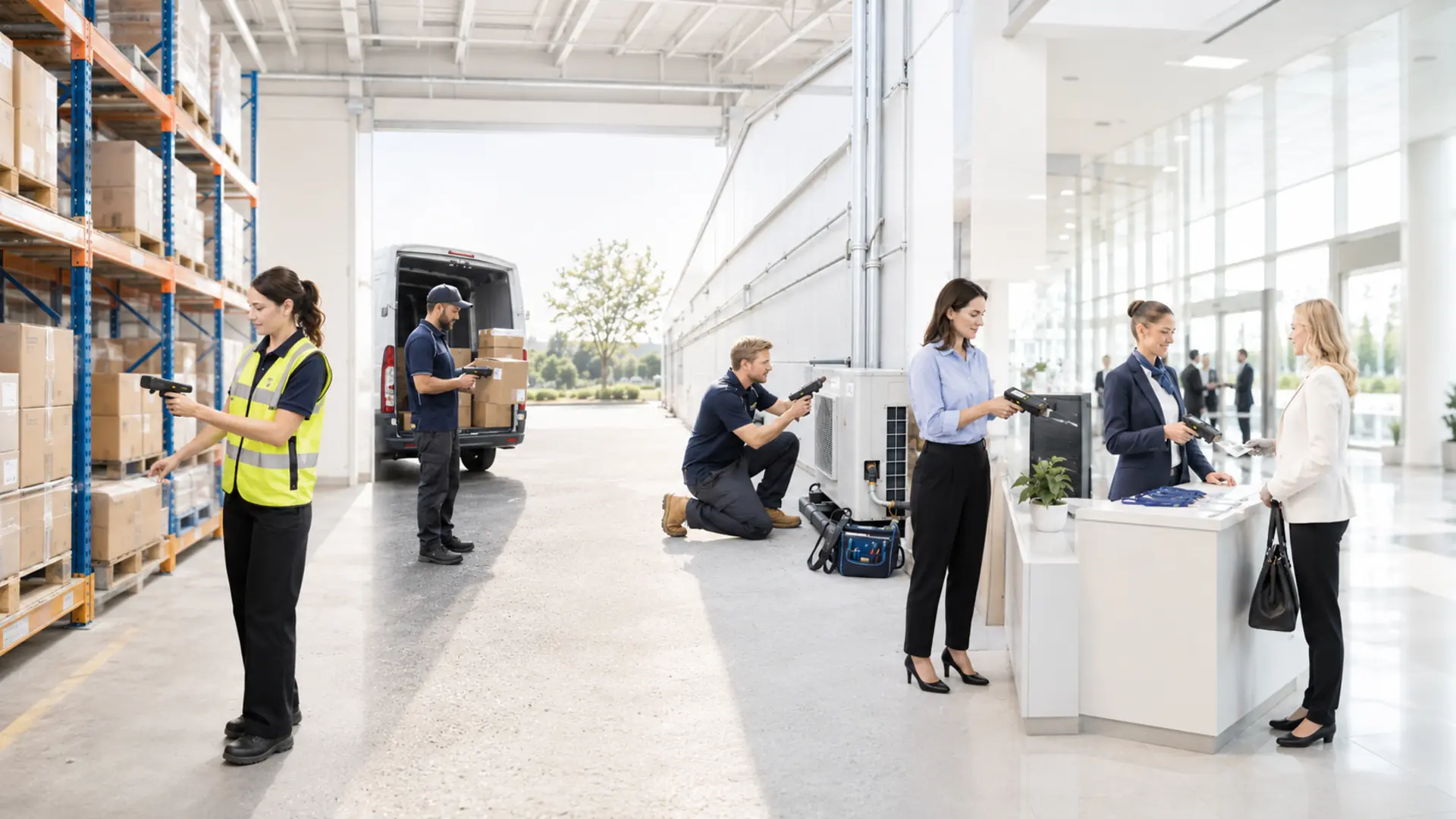 Workers using PDA barcode scanners for warehouse inventory, transport, field service, asset management and event ticket validation